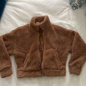 Brown Sherpa fleece jacket - zip front - cardigan style - short- size medium